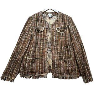 Chico's Women's Open Front Tweed Jacket Long Sleeve Fringed Hem Size 2 Brown